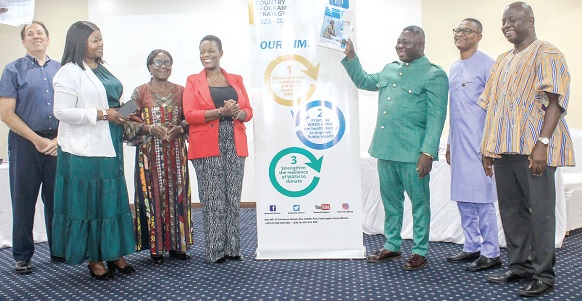 Amidu Chinnia Issahaku (3rd from right), Deputy Minister of Sanitation and Water Resources, launching the project. With him are Dr Abdul-Nashiru Mohammed (2nd from right), Regional Director, Water Aid West Africa, Stephen Yakubu (right), Upper West Regional Minister, Rita Atanga (2nd from left), District Chief Executive, Bongo District, and Ewurabena Yanyi-Akofur (4th from left), Country Director, Water Aid Ghana, and other dignitaries. Picture: ERNEST KODZI