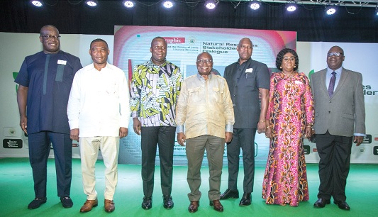 President Akufo-Addo (middle), flanked by Samuel Abu Jinapor and Ato Afful. Others are George Mireku Duker (2nd from left), Deputy Minister of  Lands and Natural Resources; Barbara Oteng Gyasi (2nd from right), Board Chair, Minerals Commission; Prof. Patrick Agbesinyale, Chief Director, Ministry of Lands; and Theophilus Yartey (left), Editor, Graphic. Picture: DOUGLAS ANANE-FRIMPONG