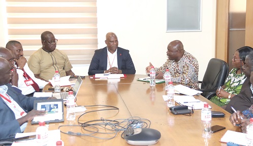 Joseph Cudjoe (3rd from right), Minister of Public Enterprises, addressing management of the Graphic Communications Group Limited. Among them are Ato Afful (table head), Managing Director, GCGL, and Theophilus Yartey (4th from left), Editor, Graphic . Picture: ELVIS NII NOI DOWUONA