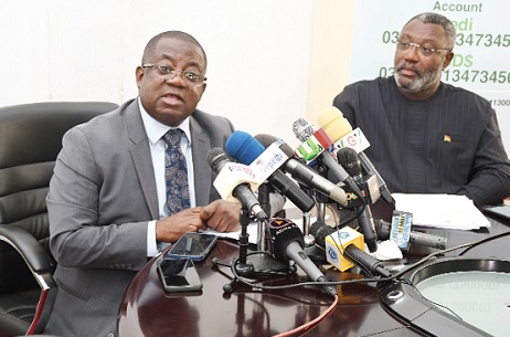 Eric Okyere Darko (left), the New York-based Ghanaian Attorney, addressing the press. With him is Prof. Paul Opoku-Mensah, Executive Director of the National Cathedral. Picture: ebow hanson