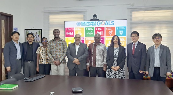 Charles Abani (5th from left), UN Resident Coordinator in Ghana, with the other team members from UNESCO and UNEVOC at one of the stakeholder engagements