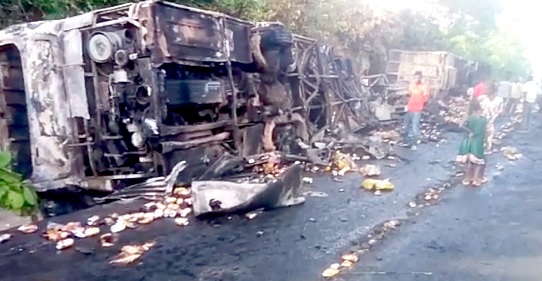The scene after the collision which resulted in the burning of the passenger bus 