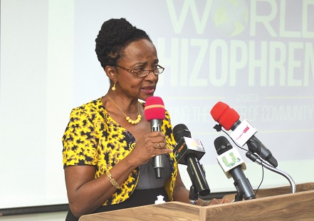 Estelle Appiah, Board Chairman of the Mental Health Authority, speaking at the press conference to mark the World Schizophrenia Day in Accra