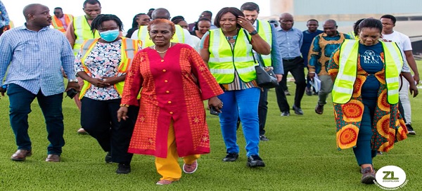 Cecilia Abena Dapaah, Minister of Sanitation and Water Resources, inspecting the ongoing redevelopment of the Kpone Landfill Site 