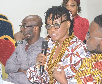  Juliet Yaa Asantewaa Asante, CEO, National Film Authority, speaking at the meeting. With her are officials from the Ghana Tourism Authority. Picture: ERNEST KODZI