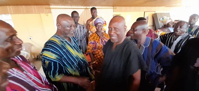 Osabarima Ayeh Kofi (left), Suhumhene welcoming back Nana Opeabre Awuah Asiedu (right), Benkumhene of Suhum traditional area