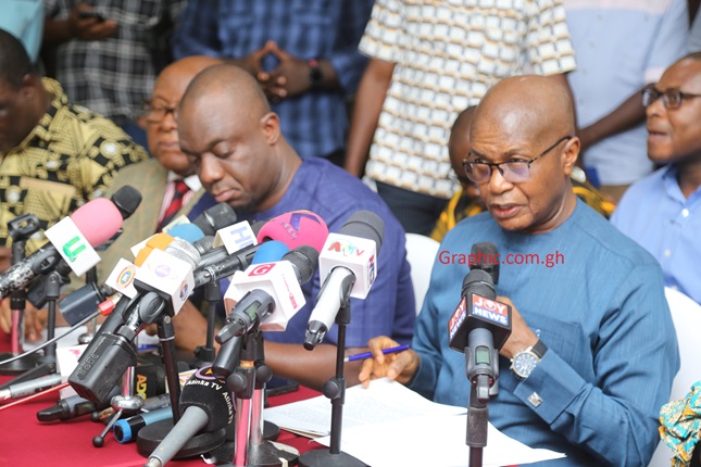 Prof. Mike Aaron Oquaye (leftt), Chairman of the NPP Presidential Election Committee, responding to a question from the media in Accra. With him are Justin Kodua Frimpong (2nd from left), General Secretary, NPP, and Stephen Ntim (right), National Chairman, NPP.  Picture: SAMUEL TEI ADANO