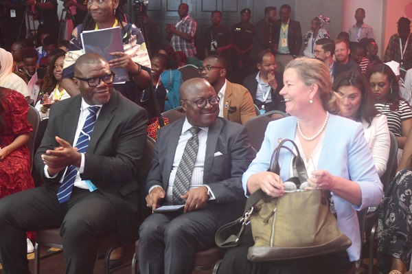 Kenneth Agyemang Attafuah (middle), Chairman, Ghana Refugee Board, interacting with Kelly T. Clements, Deputy High Commissioner in the Office of the United Nations High Commissioner for Refugees, at the forum in Accra. With them is Tetteh Padi (left), Executive Secretary of GRB