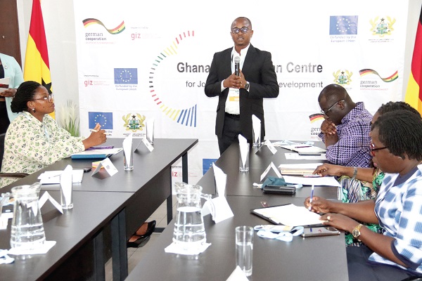  Kweku Yeboah (middle), Component Manager, Ghana European-Centre, addressing participants in the launch. Picture: ELVIS NII NOI DOWUONA
