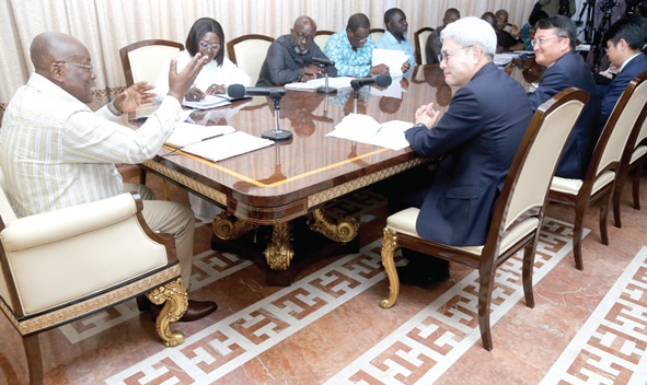 President Akufo-Addo (left) addressing the delegation from Korea Eximbank, led by Hee-Sung Yoon (right), Chairman and President of  the bank, at the Jubilee House. Picture: SAMUEL TEI ADANO