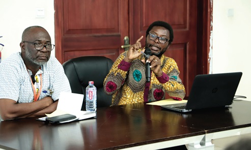 Dr Stanley K.M. Semarco (right), Dean, School of Alternative Learning, University of Media, Arts and Communication, explaining a point to participants during the lecture. With him is Dr James Kwuku Asante,  Senior Lecturer and Dean of the Faculty  of Journalism, UniMAC-GIJ. Picture: EDNA SALVO-KOTEY