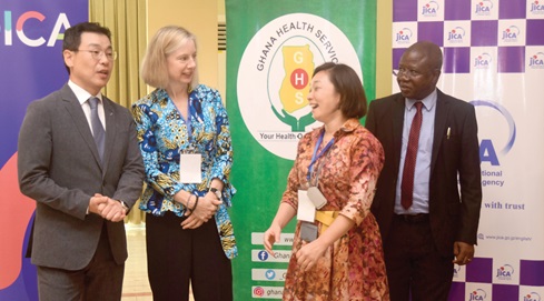 Suzuki Momoko (2nd from right), Chief Representative of JICA Ghana Office, interacting with  Kimberly Rosen (2nd from left), Mission Director, USAID-Ghana, and Dong Hyun Lee (left), Country Director, KOICA Ghana Office. With them is Dr Kofi Issah, Director, Public Health Division, GHS, after the inaugural meeting. Picture:EMMANUEL QUAYE 