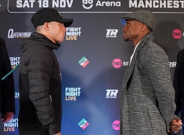 Nick Ball (left) comes face to face with Isaac Dogboe at the pre-fight press conference on Wednesday
