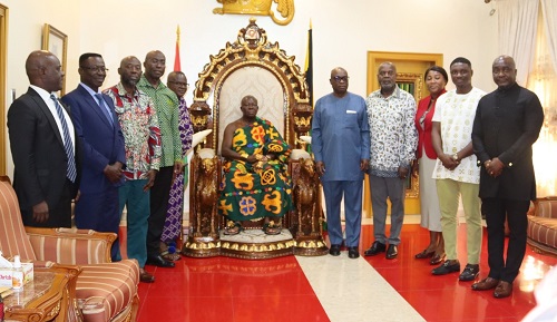 Officials of GIADEC and Rocksure Int. in a photo with Asantehene, Otumfuo Osei Tutu II after presenting the Mineral Resource Estimate report