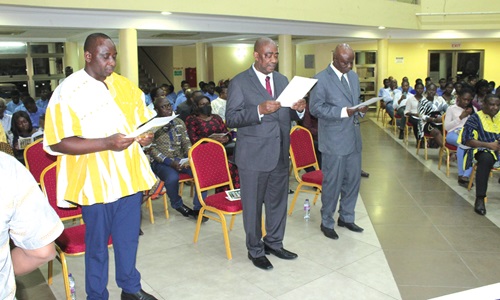 President, Ghana Academy of Arts and Sciences, inducting Prof. Joseph Awetori Yaro (left), lecturer, Geography and Resource Development, UG; Prof. Samuel Gyassi Obeng (middle), lecturer, Linguistics, UG, and Prof. Alex Boakye Asiedu (right), lecturer, Geography and Resource Development, UG, into the academy President, Ghana Academy of Arts and Sciences, inducting Prof. Joseph Awetori Yaro (left), lecturer, Geography and Resource Development, UG; Prof. Samuel Gyassi Obeng (middle), lecturer, Linguistics, UG, and Prof. Alex Boakye Asiedu (right), lecturer, Geography and Resource Development, UG, into the academy