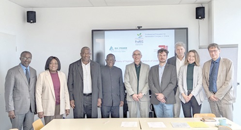 From left:  Kwasi Ameyaw-Cheremeh, Board Chairman, Bui Power Authority (BPA); Gina Blay, Ghana's Ambassador to Germany; Samuel Kofi Dzamesi, CEO, BPA, and Wisdom Ahiataku-Togobo, Director of Renewables, BPA, with officials of the German Ministry for Environment and Economic Affairs