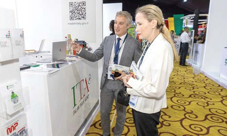 Alessandro Gerbino (left), Commissioner, Italian Trade Agency, at one of the exhibition stands with Daniela d'Orlandi,  Italian Ambassador to Ghana and Togo