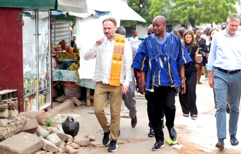 Dan Jorgensen (left), Minister of Development Cooperation and Global Climate Policy of Denmark, and Yohane Amarh Ashitey, Tema Metropolitan Chief Executive, on tour of some projects under the water sector cooperation between TMA and Denmark