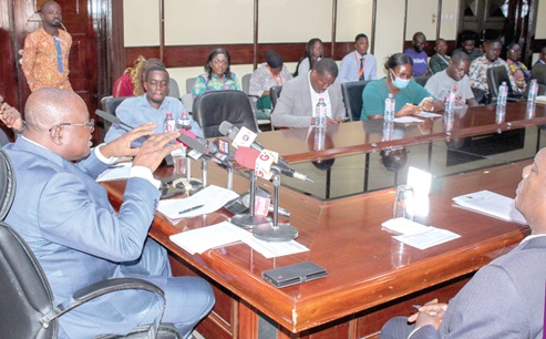 Kwaku Ampratwum-Sarpong (left), Deputy Minister of Foreign Affairs and Regional Integration, addressing journalists in Accra Picture: ERNEST KODZI
