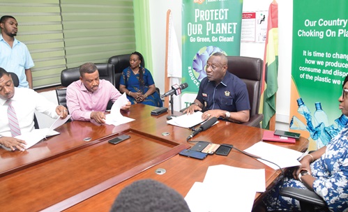Dr Henry Kwabena Kokofu (right), Executive Director of the Environmental Protection Agency, addressing the press on plastic waste management in Accra 