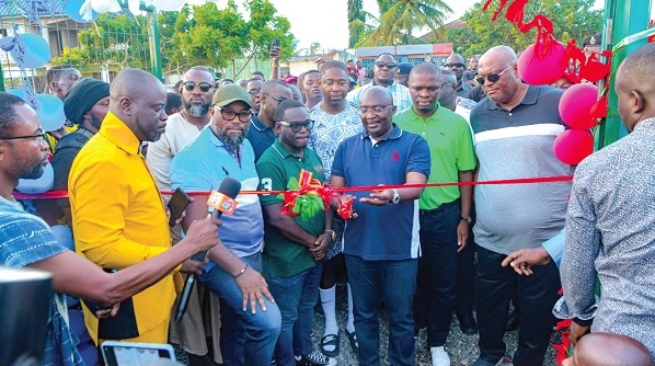 Vice-President Dr Mahamudu Bawumia (3rd from right) cutting the tape to inaugurate the sports complex. With him are Henry Quartey (right), Greater Accra Regional Minister; Mustapha Ussif (2nd from right), Minister of Youth and Sports, Daniel McKorley (2nd from left) and CEO of Wembley Sports Complex, Robert Coleman (3rd left).
