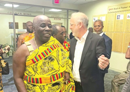 Prof. Robert Krueger (right), the Chairman of the Department of Social Sciences and Policy at WPI, with the Okyenhene, Osagyefuo Amoatia Ofori Panin, after he had delivered his address