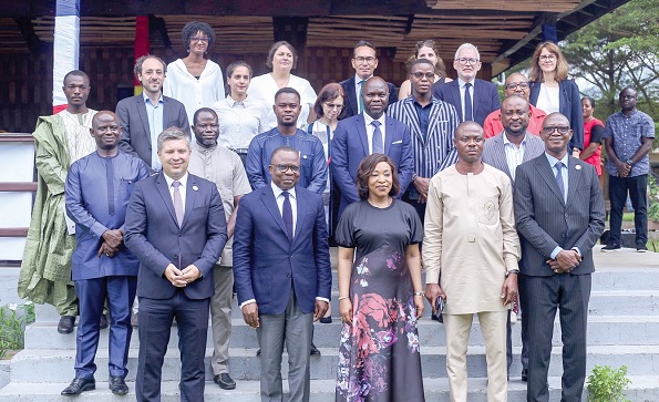 Shirley Ayorkor Botchwey (3rd from right), Minister of Foreign Affairs and Regional Integration; Thomas Cosse (left, front row), Director, International Network of France Volontaires; Jules Armand Aniambossou (2nd from left), French Ambassador to Ghana, and some participants in the programme. Picture: Caleb Vanderpuye 