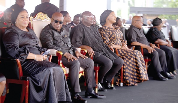 From right to left: Akosua Frema Osei Opare, Chief of Staff; Prof. Mike Oquaye, former Speaker of Parliament; Samira Bawumia, wife of the Vice-President; Vice-President Dr Mahamudu Bawumia; President Akufo-Addo, Rebecca Akufo-Addo, First Lady, at the ceremony at Peduase