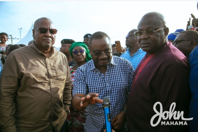 Former President Mahama (2nd from left) being briefed by Kobby Woyome (3rd from left), Member of Parliament for South Tongu, about the current situation in the affected areas, while Mawutor Agbavitor (2nd from right), Volta Regional National Democratic Congress Chairman, looks on
