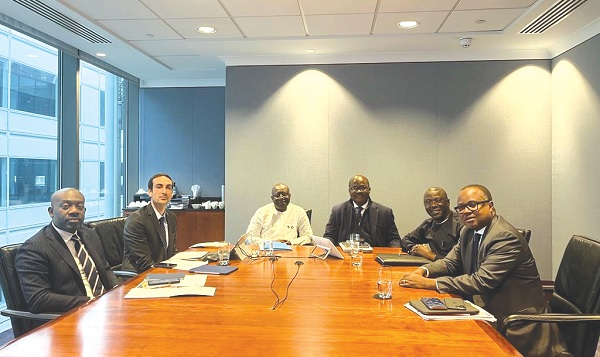 Ken Ofori-Atta (3rd from left) at the virtual presentation to bondholders  in London. With him include Kojo Oppong Nkrumah (left), Minister of Information, and Dr Ernest Addison (3rd from right), Governor, Bank of Ghana