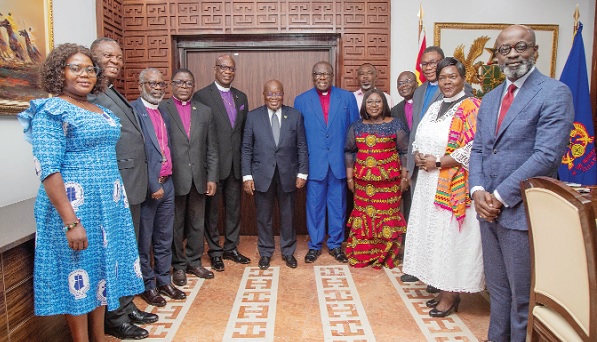 President Akufo-Addo (6th from left) with Rt Rev. Dr Hilliard Dela Dogbe (5th from left), Chairman of the Christian Council of Ghana, after a meeting at the Jubilee House. With them are members of the council