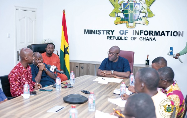 Kojo Oppong Nkrumah (head of table), Minister of Information, in a meeting with Dr Yaw Osafo (left), Chief Executive Officer, Eastern Regional representative of the association, and Dr Samuel Boakye Donkor (2nd from left), Vice-President of PHFAoG 