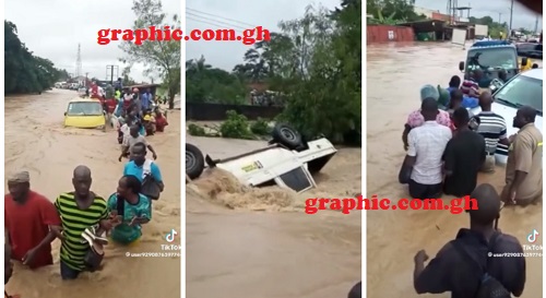 Chaotic scenes as heavy rains cause flooding on Takoradi-Tarkwa road