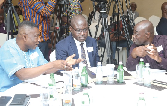 Dr John Hopkins Asiedu (left), Technical Advisor, Ministry of Trade and Industry, interacting with Philip Cobbina (right), Managing Partner, Circadian Consulting Limited. With them is Prof. Alex Dodoo (2nd from right), Director-General, Ghana Standards Authority. Picture: SAMUEL TEI ADANO