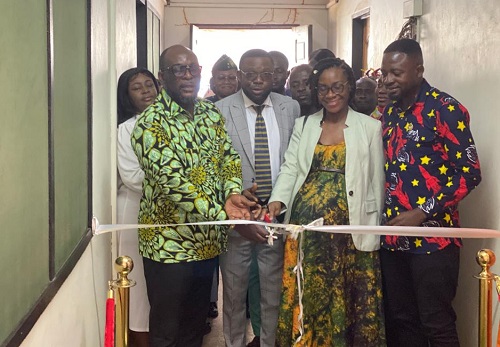 From Left: Mr. Seji Saji, Deputy Director–General of NADMO in charge of Technical Reforms; Rev. Fred Akator, Migration and Reintegration Unit; Amala Obiokoye-Nwalor,the ICMPD Head of Office in Ghana, and Mr. Kofi Osei, Director, Migration and Reintegration cutting the tape to open the new office