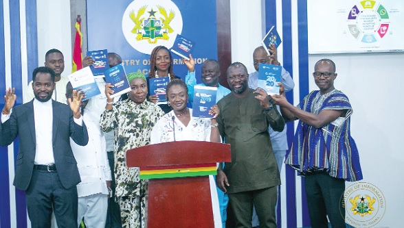 Ama Pomaa Boateng (middle), Deputy Minister of Communications and Digitalisation, flanked by some officials, launches the Groupe Special Mobile Association’s Connectivity Index 2023 Report in Accra