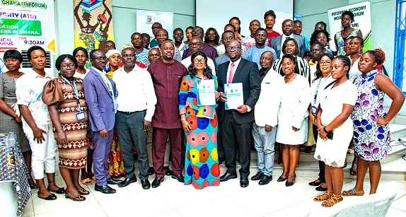 Prof. Amevi Acakpovi (5th from right), acting VC of ATU, and Deborah Freeman (6th from left), Executive Secretary of INFORUM Gh, with the signed documents. With them are some staff of the university and members of INFORUM Gh 