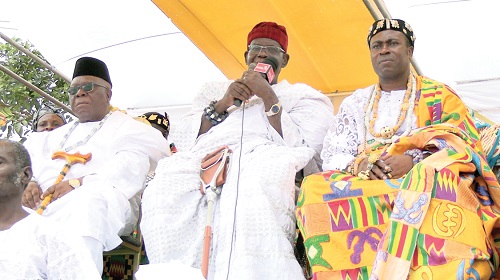 Togbi Agbesi Awusu II (middle), the Awadada of Anlo, addressing the durbar. With him are Togbi Kadzahlo IV (right), the  Dufia of Anlo-Afiadenyigba, and  Dan Abodakpi, the Stool father of  the Anloland