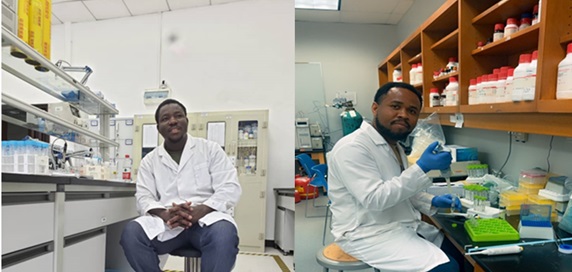 From Left to right: Alhassan S. Issaka (left). Picture taken during his time at the Advanced Environmental Materials Discovery Laboratory (AEMDL) at Central South University, China. He now does research at the University of Florida, USA. Dr Charles Amanze (right). Picture taken at the Environmental Engineeering Laboratory at Florida State University, USA. 