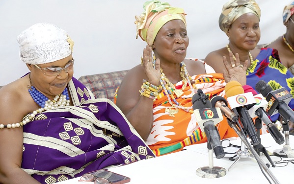 Nana Ama Serwaa Bonsu (2nd from left), President of the Queen Mothers Association of Ghana, addressing a press conference in Accra. With her is Nana Kobiwa-Akwa (left), Vice-president of the association, and Nana Akua Gyesewaa (right), Treasurer. Picture: SAMUEL TEI ADANO