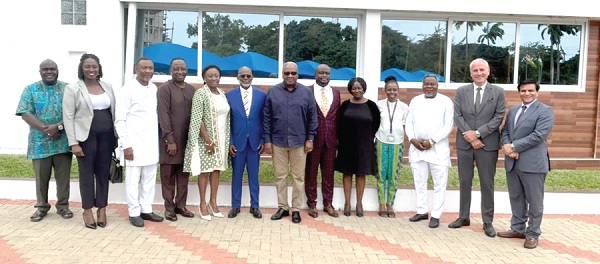 John Dramani Mahama (middle), former President, with executive members of the Board of the Millennium Excellence Foundation. With them are Prof. Naana Jane Opoku-Agyeman (5th from right), 2020 Running Mate to President Mahama, and Julius Debrah (left), former Chief of Staff