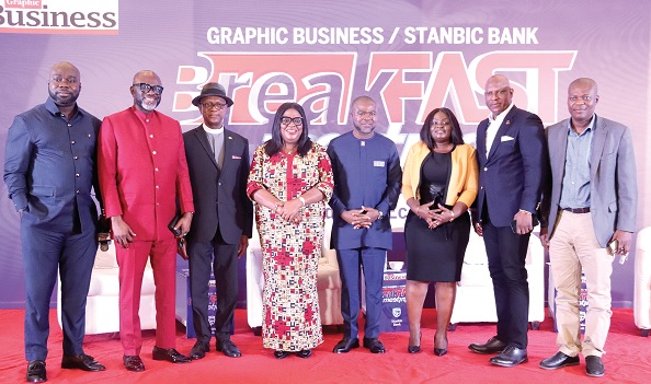 Eva Esselba Mends (4th from left), Chief Director, Ministry of Finance; Ato Afful (2nd from right), Managing Director, GCGL; Prof. Agyapomaa Gyeke-Dako (3rd from right), Economist; Prof. John Gatsi (right), a Chartered Economist; Michael Bozumbil (4th from right), CEO, Petrosol, and other dignitaries at the Graphic Business/Stanbic Bank Breakfast Meeting in Accra. Picture: ELVIS NII NOI DOWUONA