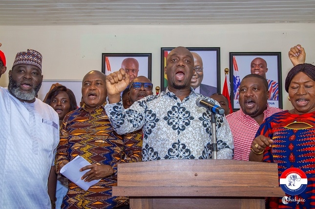 Justin Frimpong-Kodua (middle), General Secretary, New Patriotic Party, with Stephen Ayesu Ntim (2nd from left), Chairman, New Patriotic Party, and some members of the party after the press conference in Accra. Picture: ELVIS NII NOI DOWUONA