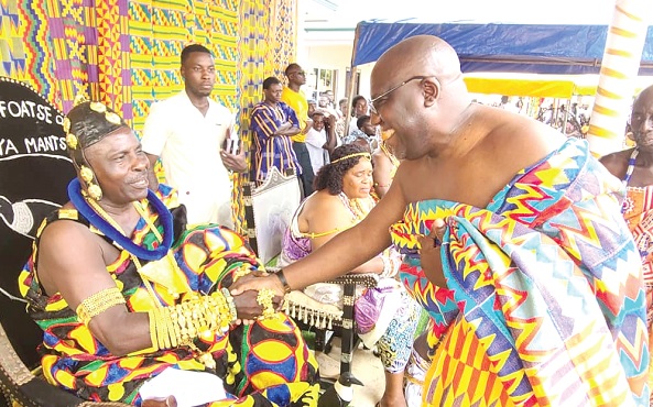 Nene Dr Tei-Djahene Korabo IV (left) welcoming Seth Acheampong, Eastern Regional Minister, to the 2023 Ngmayem festival which also marked his 25th anniversary as chief of Manya Jorpanya in the Greater Accra Region