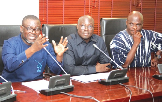 Mr Adongo addressing the press. With him are Dr Cassiel Ato Forson (middle) and Ibrahim Ahmed