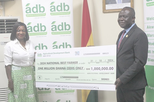 Eno Ofori-Atta (left), Deputy Managing Director, Agricultural Development Bank  PLC, presenting a dummy cheque to Yaw Frimpong Addo, Deputy Minister of Food and Agriculture (Crops) for the 2024 National Best Farmer. Picture: ESTHER ADJORKOR ADJEI  