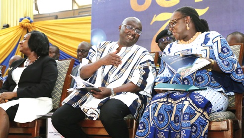Vice-President Dr Mahamudu Bawumia (left) interacting with  Prof. Nana Aba Appiah Amfo, Vice-Chancellor, University of Ghana, Legon, during the 2023 New Year School in Accra. Picture: SAMUEL TEI ADANO &amp; ERNEST KODZIE