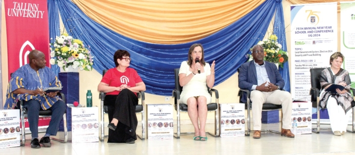 Prof. Katrin Niglas (middle), Vice Rector of Research, Tallinn University, Estonia, in a panel discussion with Associate Prof. Triln Roosalu (right), Sociology Expert, Tallin University, Estonia; Prof. Fred McBagonlurl (2nd from right), President and Provost, Academic City, and Prof. Katrin Saks (2nd from left), Vice Rector, Tallin University, Estonia. Moderating is Prof. Gordon Awandare (left), Pro Vice Chancellor in charge of Students and Academic Affairs, UG. Picture: ERNEST KODZI