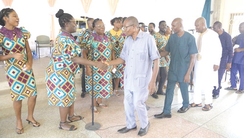Rev. Simon Yaw Boadi Manu, General Secretary of UPCI and pastor in charge of the Dream Light Chapel branch of the church, leading other senior officials to unveil the new attire for the choir