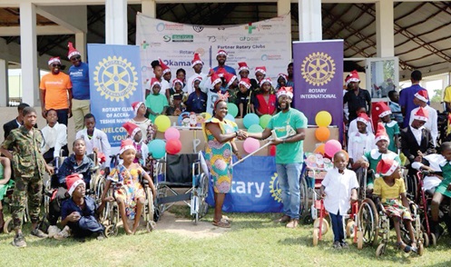 Eyram Hevi (right), Rotary Club Teshie-Nungua, handing over the items to Hannah Jehu-Appiah, Administrator of Mephiboseth Training Centre